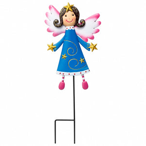 A whimsical metal garden stake featuring a cartoon angel figure with pink and white wings, a blue dress with gold stars, and pink shoes, mounted on a black wire stake against a white background.