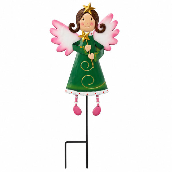 Christmas Metal Angel Garden Stake – Green & Pink