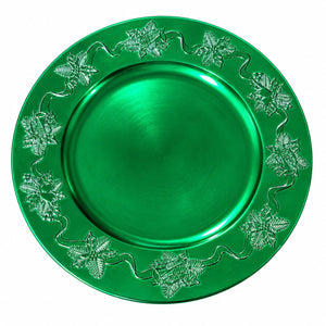 A round green serving platter with a smooth, brushed metallic center and a raised decorative border featuring embossed floral motifs and wavy lines, shown on a plain white background.
