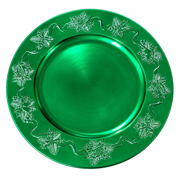 A round green serving platter with a smooth, brushed metallic center and a raised decorative border featuring embossed floral motifs and wavy lines, shown on a plain white background.