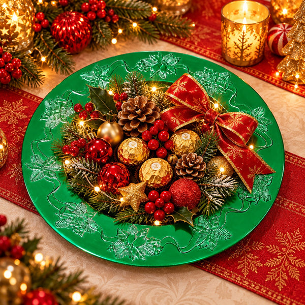 A festive Christmas wreath centerpiece arranged on a green plate, featuring red berries, pinecones, gold ornaments, evergreen branches, and a large red bow, set on a decorated table with candles and holiday garlands.