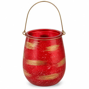 A red glass candle holder with gold metallic brushstroke patterns and a gold metal wire handle, shown on a plain white background.