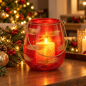A red glass lantern candle holder with a wire handle sits on a wooden table, lit with a warm glowing candle inside. Christmas greenery with red berries and warm string lights are visible in the softly blurred background.