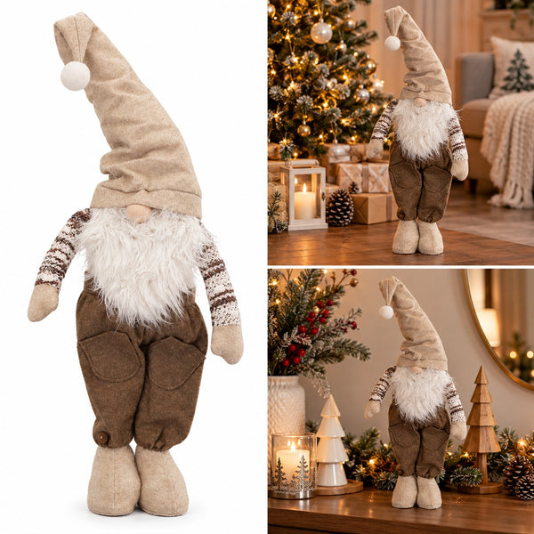A Christmas gnome doll shown in a large isolated view on the left and in two smaller lifestyle scenes on the right, standing on a decorated holiday floor and mantel in front of a Christmas tree and candles.