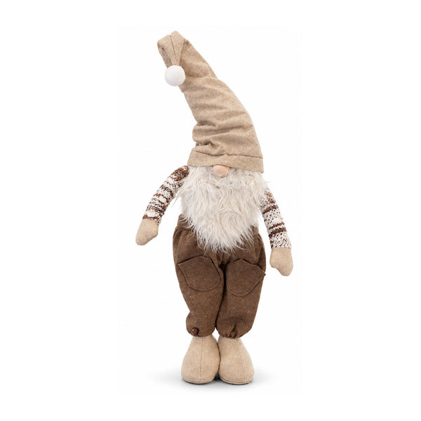 A plush Christmas gnome doll with a tall beige hat, white beard, brown pants, and patterned sleeves, standing against a plain white background.