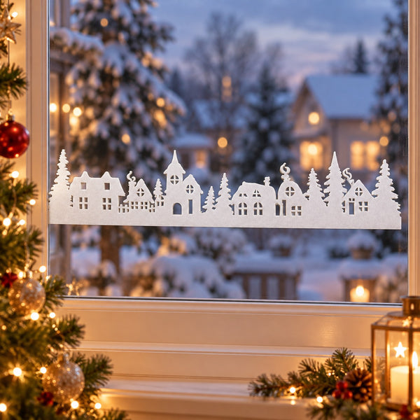 A white paper cutout of a Christmas village with houses and trees, displayed on a window during a snowy evening. The window frame is decorated with warm lights, pine branches, and candles, and a decorated Christmas tree is visible on the left.