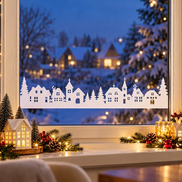 A white vinyl window decal featuring a Christmas village silhouette with houses, chimneys, and pine trees, displayed on a window overlooking a snowy winter village at dusk.