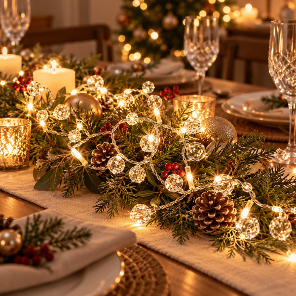 A festive Christmas table runner decorated with green pine garlands, clear crystal ball lights, pinecones, red berries, and gold ornaments, set on a dining table with candles and wine glasses.