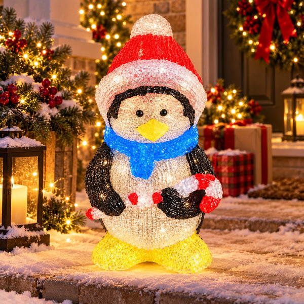 A penguin-shaped holiday outdoor light decoration stands on snowy steps in a decorated Christmas front yard. The penguin wears a red and white Santa hat, a bright blue scarf, black wings, a yellow beak and feet, and holds red-and-white candy canes.