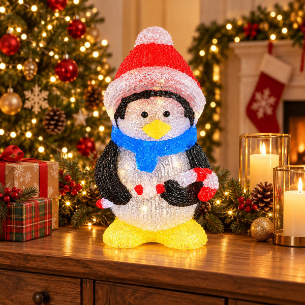 A glittery penguin Christmas decoration standing on a wooden table, wearing a red Santa hat, blue scarf, and yellow feet, with a decorated Christmas tree, candles, and fireplace in the background.