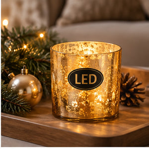 gold LED glass lantern displayed in a festive Christmas setting