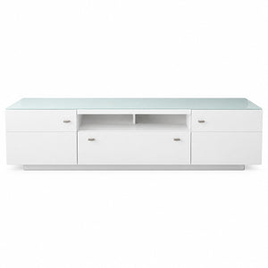 A modern white media console with a frosted glass top, featuring three cabinet doors, two drawer fronts, and an open center shelf, shown against a plain white background.