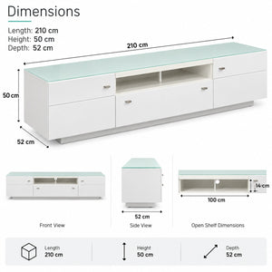 White modern media console with a pale green glass top, shown with multiple dimension callouts and views indicating length 210 cm, height 50 cm, and depth 52 cm.