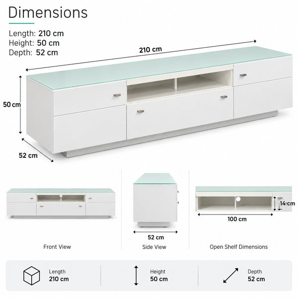 White modern media console with a pale green glass top, shown with multiple dimension callouts and views indicating length 210 cm, height 50 cm, and depth 52 cm.