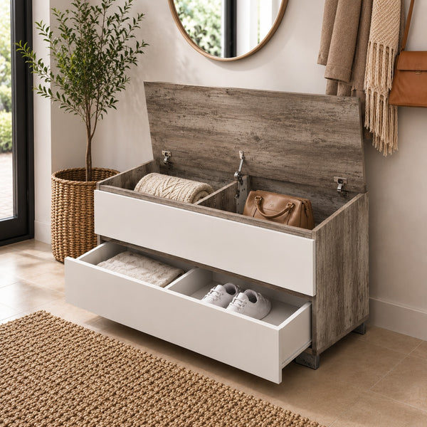 innostyle Sintra storage bench, hallway storage bench, white and driftwood storage chest, shoe storage bench, entryway storage furniture, bench with drawer, modern hallway bench, storage chest with compartments.