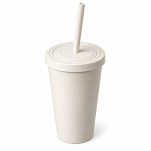 A light beige textured plastic tumbler cup with a matching lid and a simple straw, shown on a clean white background.