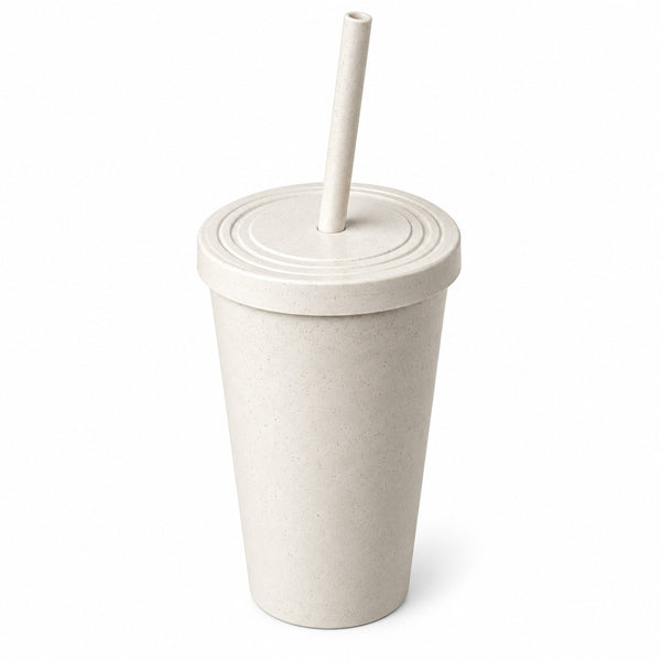 A light beige textured plastic tumbler cup with a matching lid and a simple straw, shown on a clean white background.