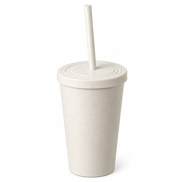 A light beige textured plastic tumbler cup with a matching lid and straw, shown on a solid white background.