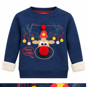 Kids Fleece-Lined Christmas Reindeer Sweatshirt – Navy