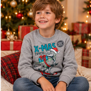 A young boy wearing a gray Christmas sweatshirt with a dinosaur graphic and 'X-MAS EXPRESS' text, sitting in front of a decorated Christmas tree and wrapped gifts.