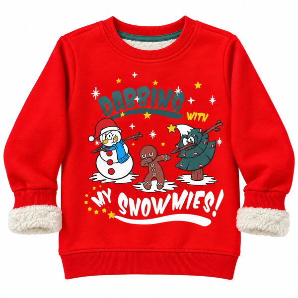 A red children's sweatshirt with a white sherpa lining on the cuffs, featuring a festive Christmas graphic with the text 'DABBING WITH MY SNOWMIES!' and cartoon characters of a snowman, gingerbread man, and Christmas tree.