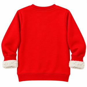 A bright red long-sleeve crewneck sweatshirt shown from the back, featuring soft white sherpa lining at the cuffs and a ribbed hem and collar.