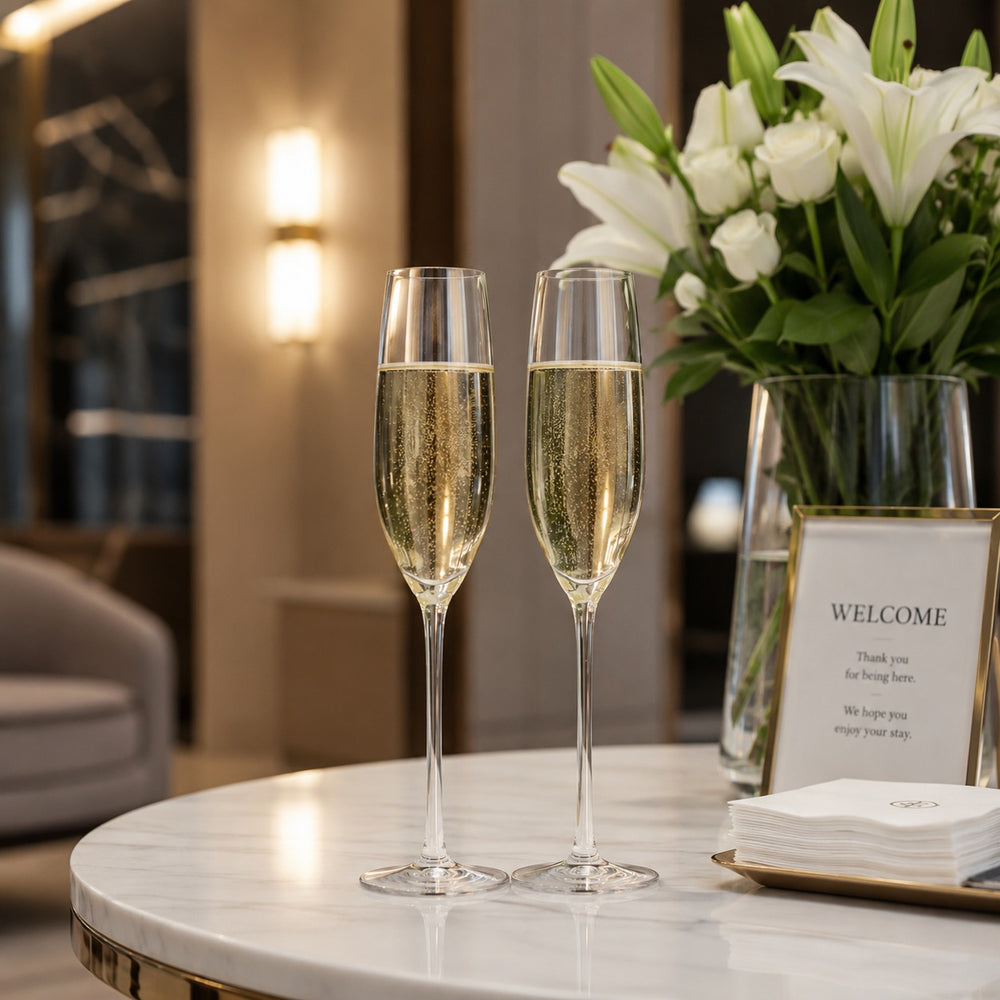L'Atelier du Vin set of two champagne flutes filled with sparkling wine, elegantly displayed on a luxury welcome drink table with fresh white flowers, creating a sophisticated reception setting.