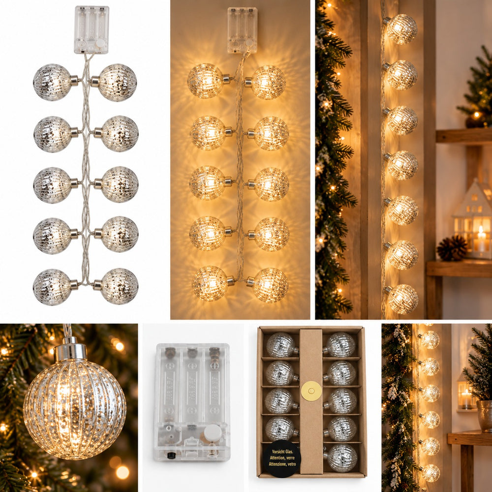 Migros 10 silver glass ball garland illuminated with warm white LEDs