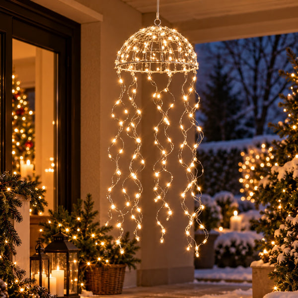 A hanging dome-shaped string light fixture with warm white LED lights draped downward, displayed on a snowy porch at dusk with outdoor holiday decorations in the background.