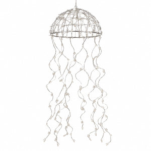 A jellyfish-shaped hanging light fixture made of a dome-shaped wire frame with long, wavy tentacle strands draped below, shown against a plain white background.