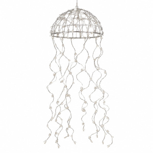 A jellyfish-shaped hanging light fixture made of a dome-shaped wire frame with long, wavy tentacle strands draped below, shown against a plain white background.