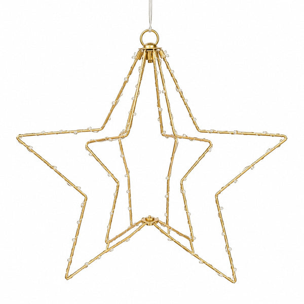 A gold wire star-shaped Christmas ornament with small clear bead accents along the edges, suspended against a plain white background.