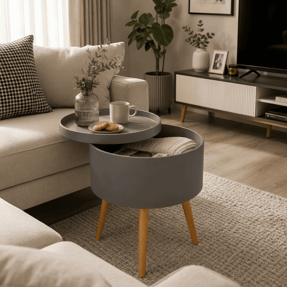 JEFF Round Storage Side Table with Removable Tray Top