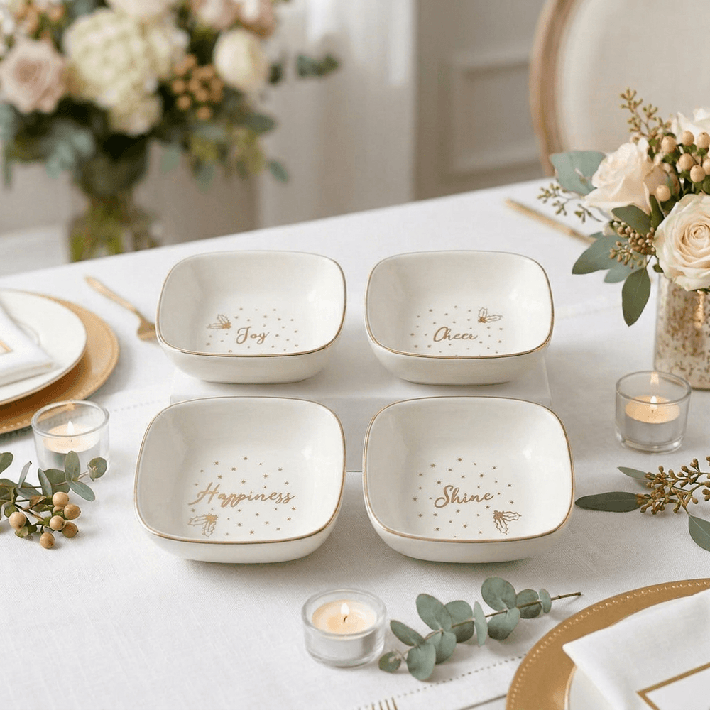 Migros Set of 4 White Ceramic Dip Bowls with Gold Rim