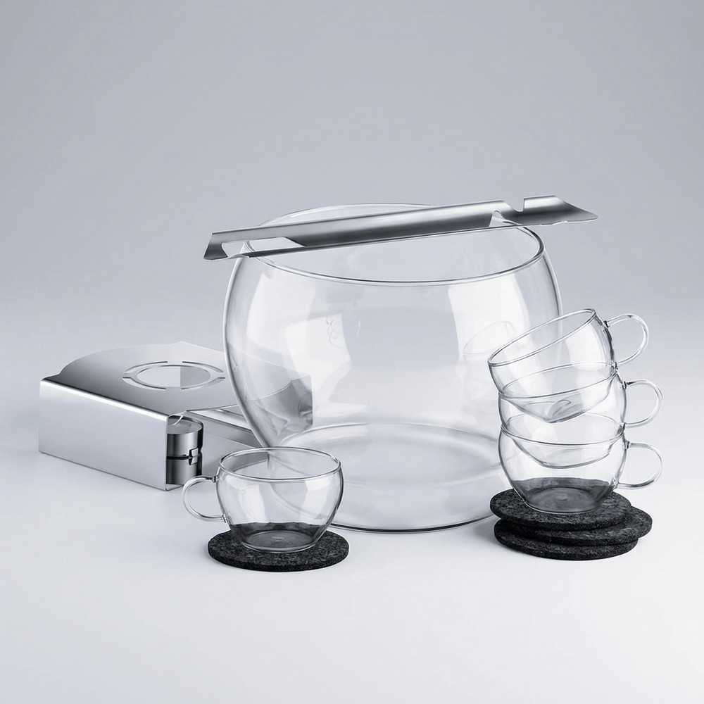 Traditional German Mulled Wine Punch Bowl Set with Cups and Warmer