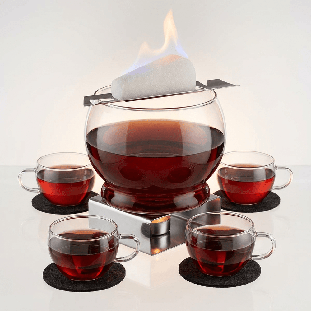 Traditional German Mulled Wine Punch Bowl Set with Cups and Warmer