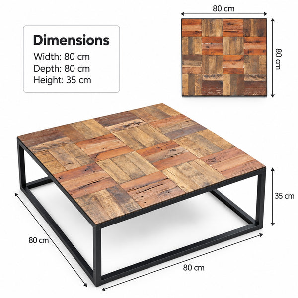 Square coffee table with a patchwork wood top and black metal frame, shown with dimension labels indicating 80 cm width, 80 cm depth, and 35 cm height. A small inset shows the wood top pattern and the 80 cm dimension.