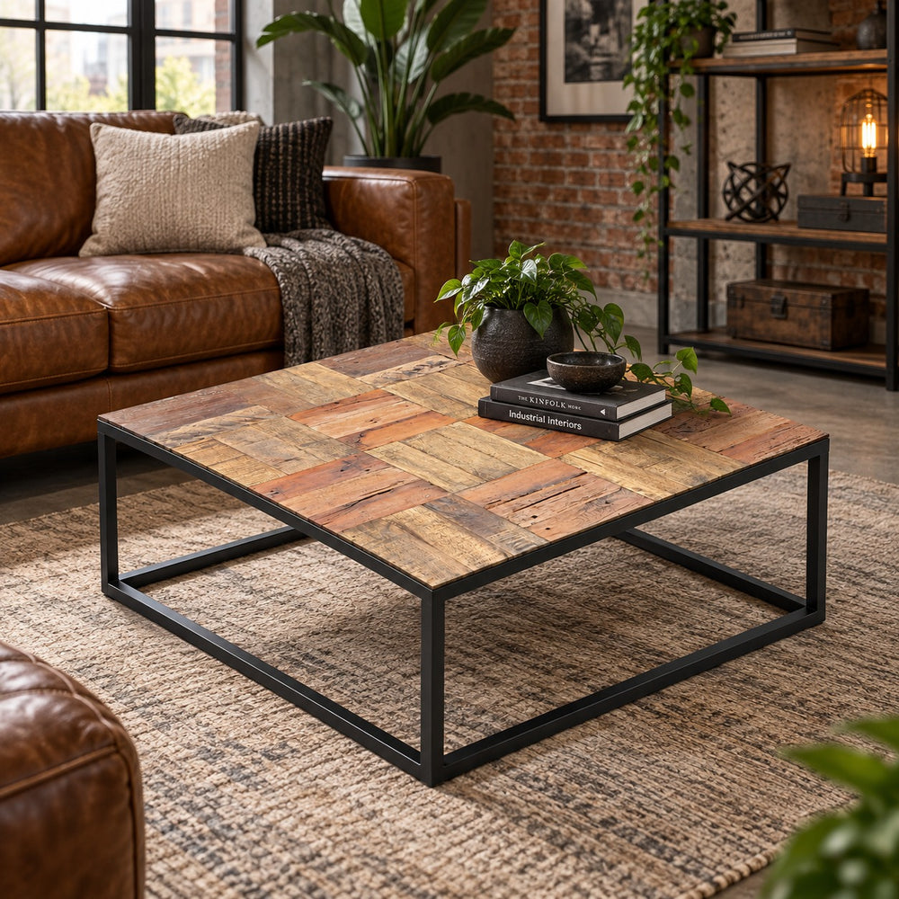A square coffee table with a rustic patchwork wood top and a black metal frame, styled in a cozy living room next to a brown leather sofa.
