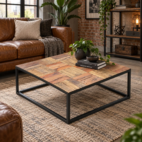 A square coffee table with a rustic patchwork wood top and a black metal frame, styled in a cozy living room next to a brown leather sofa.