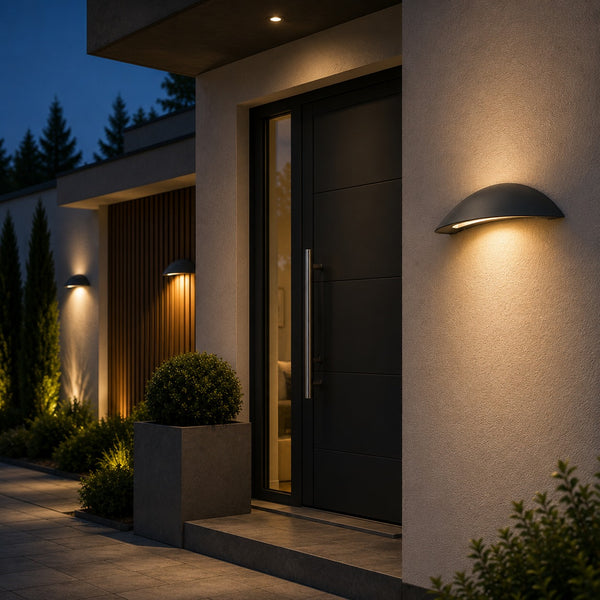 Massive Pori architectural outdoor wall light mounted on a luxury concrete wall with elegant downward illumination.