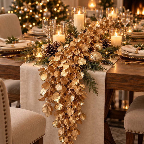 A festive holiday table setting featuring a prominent gold leaf garland table runner draped over a beige linen table runner, surrounded by lit candles, pinecones, evergreen branches, and place settings on a wooden dining table.