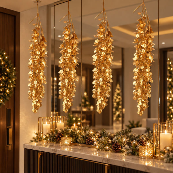 Three hanging gold leaf garlands with warm white string lights are displayed in a luxurious entryway with large mirrors, a marble console table, and festive holiday decorations.