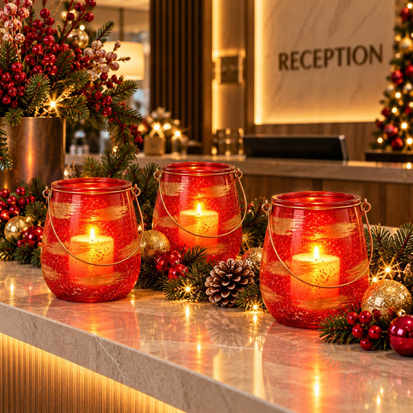 Three red glittery glass lanterns with metal handles, each containing a lit candle, arranged on a marble reception counter with Christmas decorations, pinecones, and red berries in a warm indoor setting.