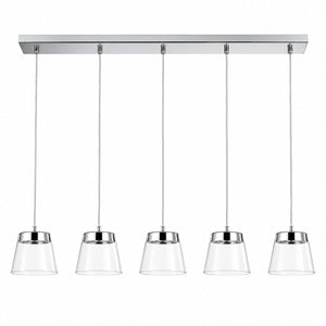 Hero Image: Micasa ATALA 5-light LED pendant light with chrome finish and clear glass shades on a white background.
