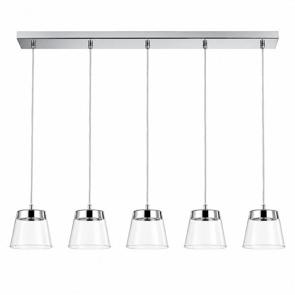 Hero Image: Micasa ATALA 5-light LED pendant light with chrome finish and clear glass shades on a white background.
