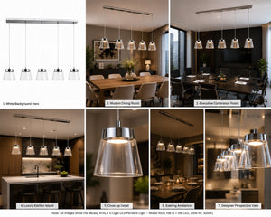 lose-up of the clear glass shade and polished chrome finish of the Micasa ATALA LED pendant light.