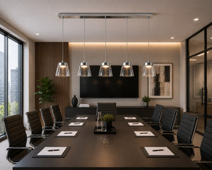 Micasa ATALA contemporary chrome pendant light illuminating a professional conference room.