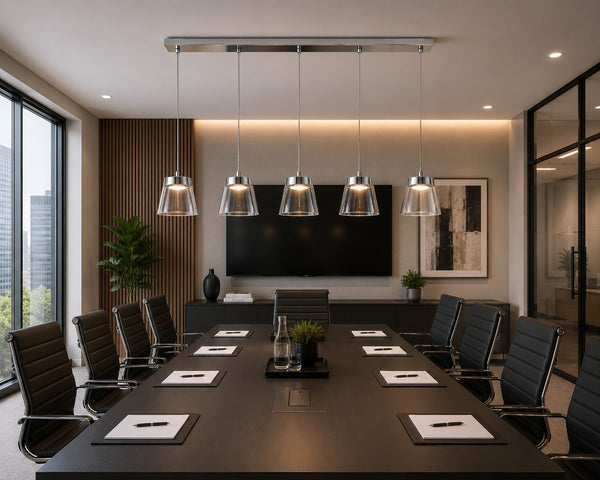Micasa ATALA contemporary chrome pendant light illuminating a professional conference room.
