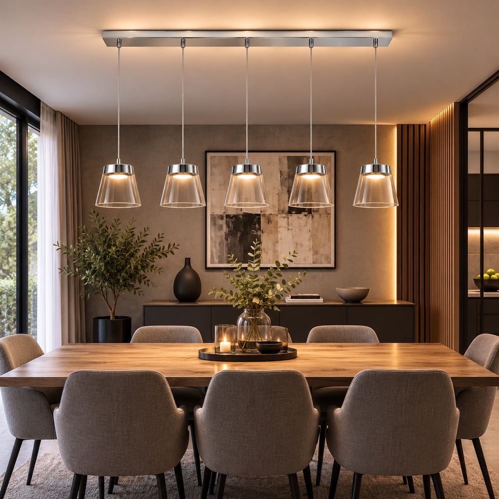 Dining Room: Micasa ATALA linear LED pendant light installed above a modern dining table.
