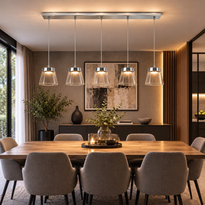 Dining Room: Micasa ATALA linear LED pendant light installed above a modern dining table.